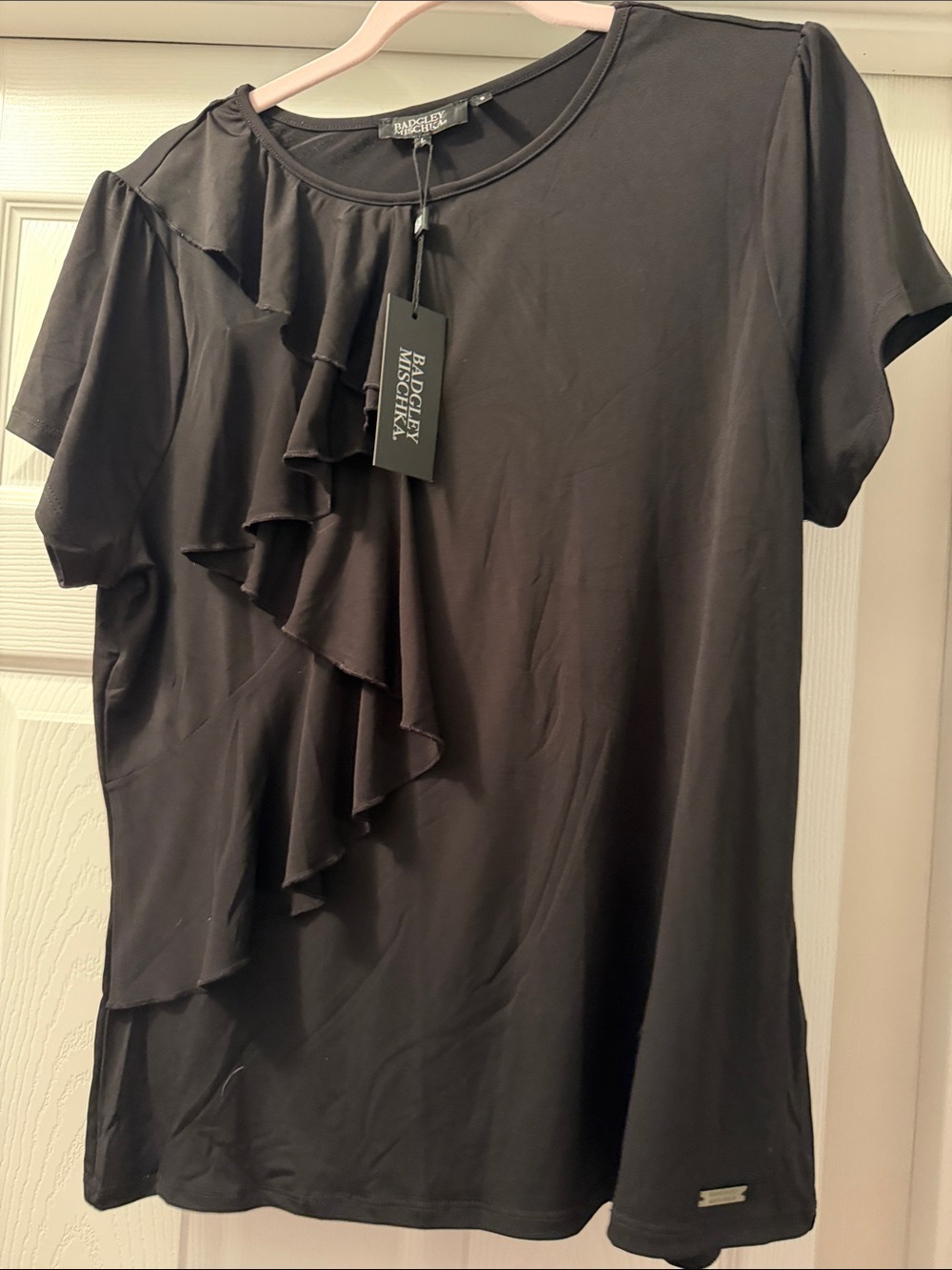 Badgley Mischka Black Short Sleeve Top with Cascade Ruffle